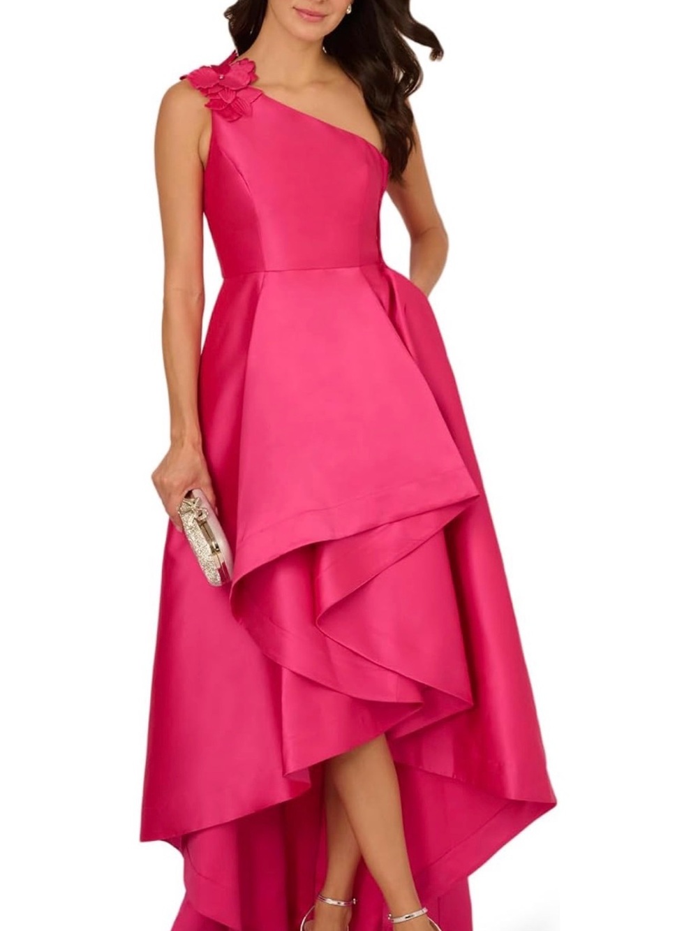 Adrianna Papell One-Shoulder Fuchsia High-Low Satin Dress - Picture 4 of 4